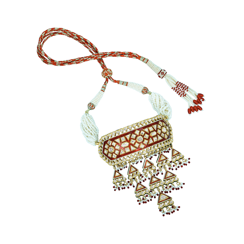 Polki Choker with Red Enamel, Triangular Motifs, and Pearl Drops